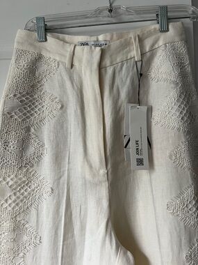 Zara Cream Embroidered European Linen Wide Leg Trousers